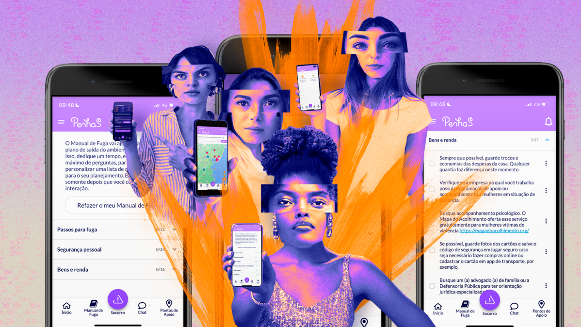 Montagem em tons de roxo e laranja com quatro mulheres em primeiro plano, cada uma segurando um celular com telas do app PenhaS; ao fundo, aparecem telas ampliadas do aplicativo. Traços de tinta laranja atravessam a composição, criando sensação de movimento e destaque para as figuras.